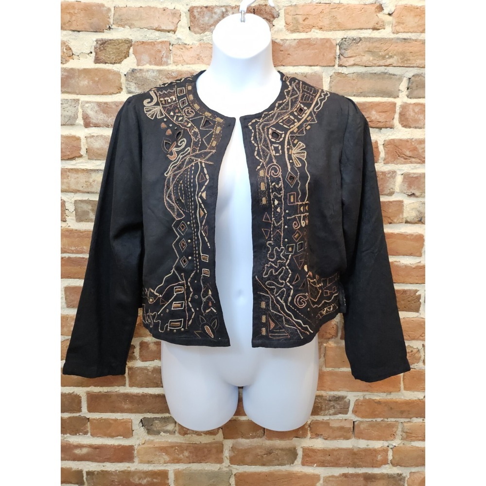 Chico's Jacket Womens 2 US Large Black Embroidered Crinkle Cropped Art To Wear